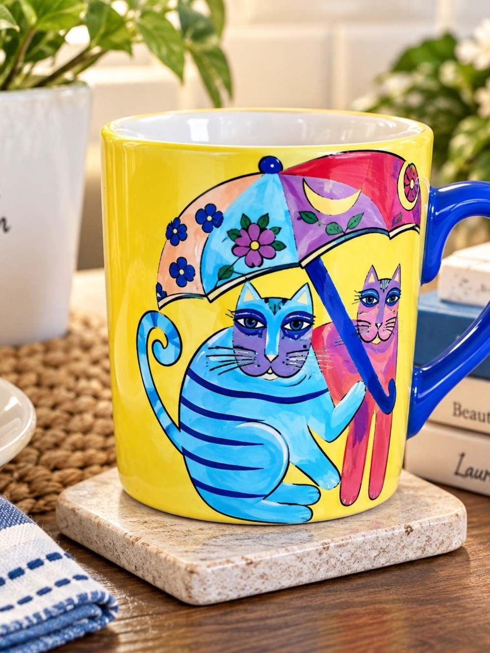 Bright Yellow Cat Umbrella Ceramic Mug by